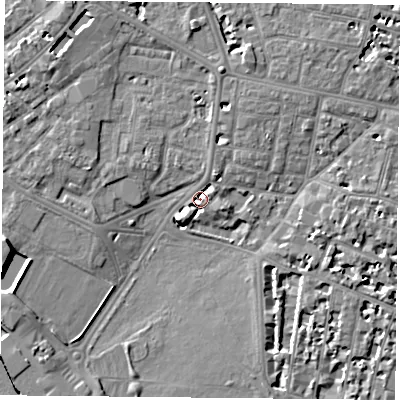 Shaded relief map of the ground around PO53DA, computed from Environment Agency LiDAR. The ground here sits at about 3 m above sea level and falls 11 m across the surrounding 800 m. Surface water reaching this point runs off ground lying to the north-north-east, 3.3 m higher.