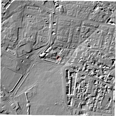 Shaded relief map of the ground around PO53DL, computed from Environment Agency LiDAR. The ground here sits at about 2 m above sea level and falls 8 m across the surrounding 800 m. Surface water reaching this point runs off ground lying to the north, 5.4 m higher.