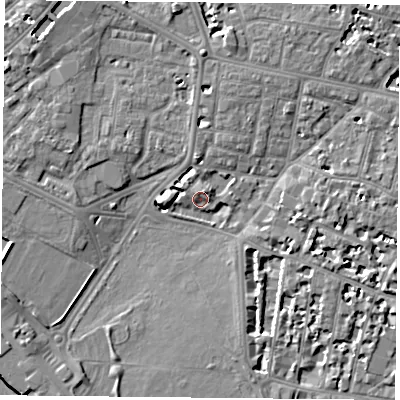 Shaded relief map of the ground around PO53DN, computed from Environment Agency LiDAR. The ground here sits at about 3 m above sea level and falls 8 m across the surrounding 800 m. Surface water reaching this point runs off ground lying to the north, 5.4 m higher.