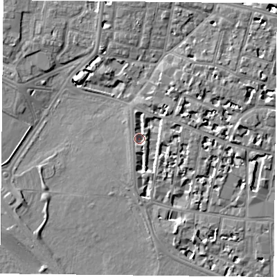 Shaded relief map of the ground around PO53JF, computed from Environment Agency LiDAR. The ground here sits at about 3 m above sea level and falls 8 m across the surrounding 800 m. Surface water reaching this point runs off ground lying to the north-east, 2.4 m higher.