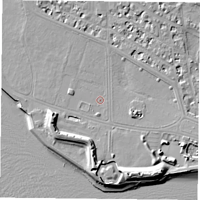 Shaded relief map of the ground around PO53NS, computed from Environment Agency LiDAR. The ground here sits at about 3 m above sea level and falls 13 m across the surrounding 800 m. Surface water reaching this point runs off ground lying to the south, 1.3 m higher.