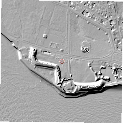 Shaded relief map of the ground around PO53NT, computed from Environment Agency LiDAR. The ground here sits at about 3 m above sea level and falls 13 m across the surrounding 800 m. Surface water reaching this point runs off ground lying to the south, 4.9 m higher.