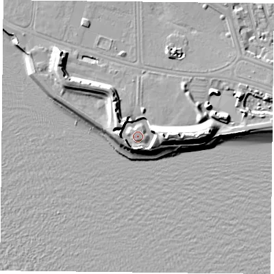 Shaded relief map of the ground around PO53PA, computed from Environment Agency LiDAR. The ground here sits at about 3 m above sea level and falls 13 m across the surrounding 800 m. Surface water reaching this point runs off ground lying to the east, 7.3 m higher.