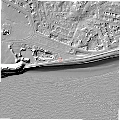 Shaded relief map of the ground around PO53PG, computed from Environment Agency LiDAR. The ground here sits at about 4 m above sea level and falls 13 m across the surrounding 800 m. Surface water reaching this point runs off ground lying to the south-south-east, 0.9 m higher.