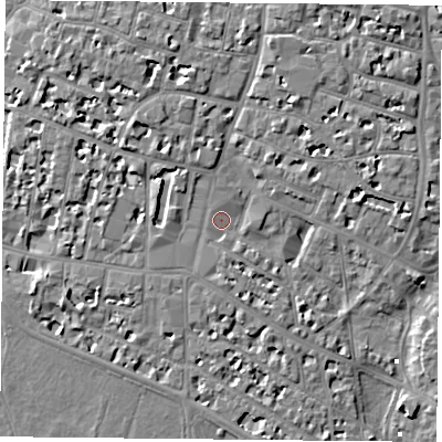 Shaded relief map of the ground around PO53QB, computed from Environment Agency LiDAR. The ground here sits at about 3 m above sea level and falls 6 m across the surrounding 800 m. Surface water reaching this point runs off ground lying to the south, 1.7 m higher.