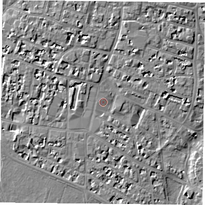 Shaded relief map of the ground around PO53QQ, computed from Environment Agency LiDAR. The ground here sits at about 3 m above sea level and falls 6 m across the surrounding 800 m. Surface water reaching this point runs off ground lying to the west-north-west, 3.4 m higher.