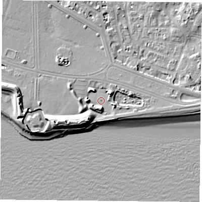 Shaded relief map of the ground around PO53ST, computed from Environment Agency LiDAR. The ground here sits at about 3 m above sea level and falls 13 m across the surrounding 800 m. Surface water reaching this point runs off ground lying to the south-west, 9.5 m higher.