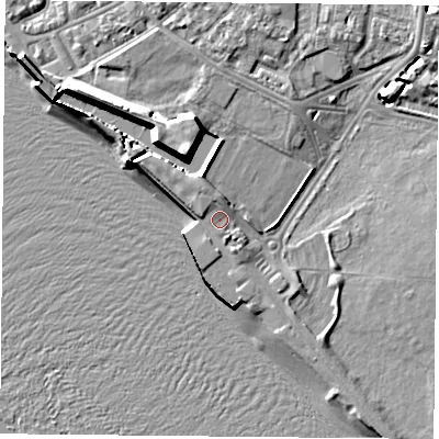 Shaded relief map of the ground around PO53XX, computed from Environment Agency LiDAR. The ground here sits at about 4 m above sea level and falls 12 m across the surrounding 800 m. Surface water reaching this point runs off ground lying to the west-north-west, 1.6 m higher.