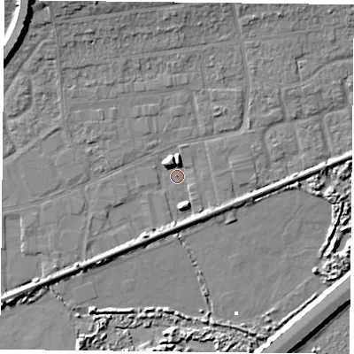 Shaded relief map of the ground around PO61EF, computed from Environment Agency LiDAR. The ground here sits at about 1 m above sea level and falls 12 m across the surrounding 800 m. Surface water reaching this point runs off ground lying to the north-north-west, 4.7 m higher.