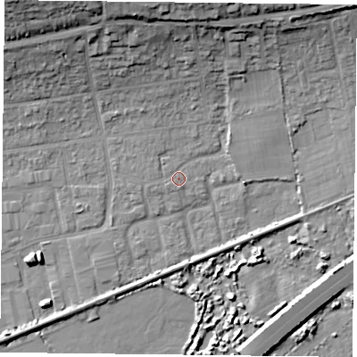 Shaded relief map of the ground around PO61LA, computed from Environment Agency LiDAR. The ground here sits at about 3 m above sea level and falls 20 m across the surrounding 800 m. Surface water reaching this point runs off ground lying to the west-south-west, 0.8 m higher.