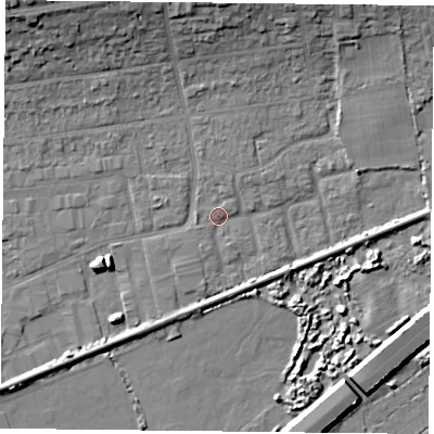 Shaded relief map of the ground around PO61LB, computed from Environment Agency LiDAR. The ground here sits at about 2 m above sea level and falls 14 m across the surrounding 800 m. Surface water reaching this point runs off ground lying to the north, 10.0 m higher.