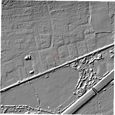 Shaded relief map of the ground around PO61LD, computed from Environment Agency LiDAR. The ground here sits at about 2 m above sea level and falls 9 m across the surrounding 800 m. Surface water reaching this point runs off ground lying to the north, 4.9 m higher.