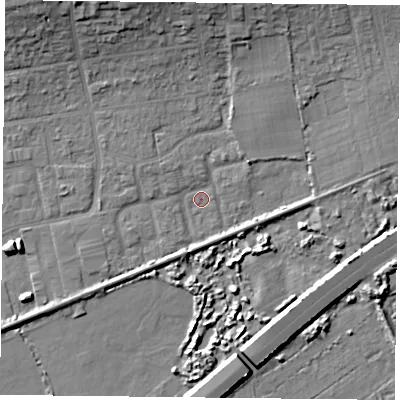 Shaded relief map of the ground around PO61LF, computed from Environment Agency LiDAR. The ground here sits at about 1 m above sea level and falls 12 m across the surrounding 800 m. Surface water reaching this point runs off ground lying to the north-north-east, 6.7 m higher.