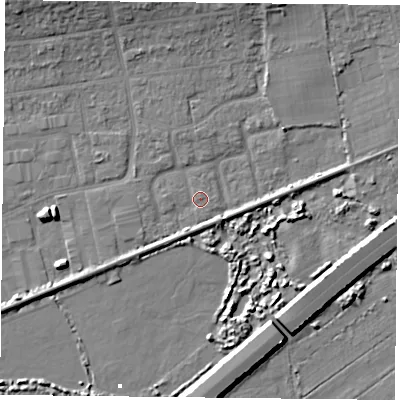 Shaded relief map of the ground around PO61LG, computed from Environment Agency LiDAR. The ground here sits at about 2 m above sea level and falls 10 m across the surrounding 800 m. Surface water reaching this point runs off ground lying to the north-north-east, 4.0 m higher.