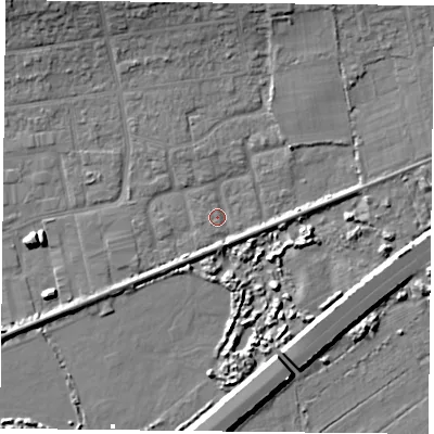Shaded relief map of the ground around PO61LH, computed from Environment Agency LiDAR. The ground here sits at about 2 m above sea level and falls 11 m across the surrounding 800 m. Surface water reaching this point runs off ground lying to the north-north-east, 4.8 m higher.