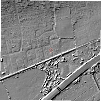 Shaded relief map of the ground around PO61LJ, computed from Environment Agency LiDAR. The ground here sits at about 2 m above sea level and falls 12 m across the surrounding 800 m. Surface water reaching this point runs off ground lying to the north-north-east, 5.8 m higher.