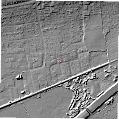 Shaded relief map of the ground around PO61LL, computed from Environment Agency LiDAR. The ground here sits at about 2 m above sea level and falls 15 m across the surrounding 800 m. Surface water reaching this point runs off ground lying to the north, 11.6 m higher.