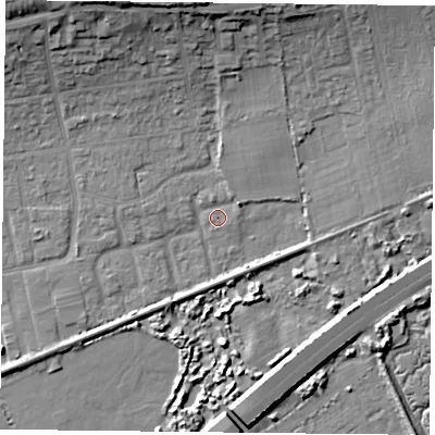 Shaded relief map of the ground around PO61LN, computed from Environment Agency LiDAR. The ground here sits at about 2 m above sea level and falls 16 m across the surrounding 800 m. Surface water reaching this point runs off ground lying to the north-north-west, 14.4 m higher.