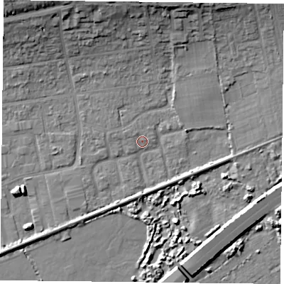 Shaded relief map of the ground around PO61LP, computed from Environment Agency LiDAR. The ground here sits at about 2 m above sea level and falls 16 m across the surrounding 800 m. Surface water reaching this point runs off ground lying to the north-north-west, 13.0 m higher.