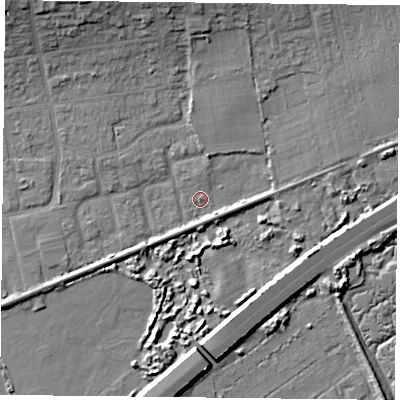 Shaded relief map of the ground around PO61LW, computed from Environment Agency LiDAR. The ground here sits at about 2 m above sea level and falls 12 m across the surrounding 800 m. Surface water reaching this point runs off ground lying to the north-north-east, 6.0 m higher.