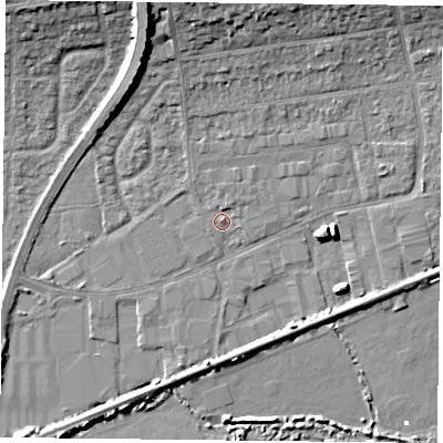 Shaded relief map of the ground around PO61NH, computed from Environment Agency LiDAR. The ground here sits at about 2 m above sea level and falls 12 m across the surrounding 800 m. Surface water reaching this point runs off ground lying to the north, 8.5 m higher.