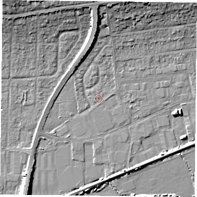 Shaded relief map of the ground around PO61NN, computed from Environment Agency LiDAR. The ground here sits at about 2 m above sea level and falls 14 m across the surrounding 800 m. Surface water reaching this point runs off ground lying to the north-north-east, 3.2 m higher.