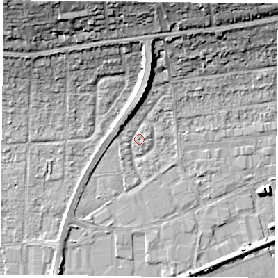 Shaded relief map of the ground around PO61NR, computed from Environment Agency LiDAR. The ground here sits at about 2 m above sea level and falls 20 m across the surrounding 800 m. Surface water reaching this point runs off ground lying to the north, 5.7 m higher.