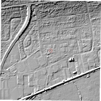 Shaded relief map of the ground around PO61NW, computed from Environment Agency LiDAR. The ground here sits at about 2 m above sea level and falls 15 m across the surrounding 800 m. The ground contributing surface water to this point lies to the east.
