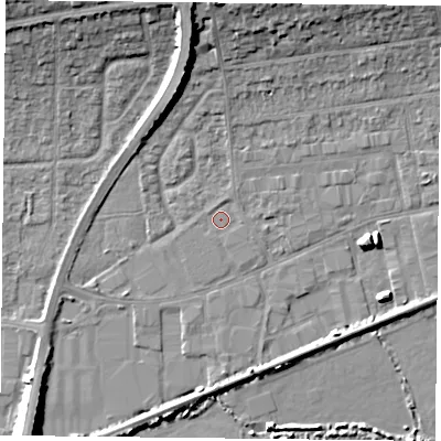 Shaded relief map of the ground around PO61RD, computed from Environment Agency LiDAR. The ground here sits at about 2 m above sea level and falls 13 m across the surrounding 800 m. Surface water reaching this point runs off ground lying to the north-north-east, 0.7 m higher.