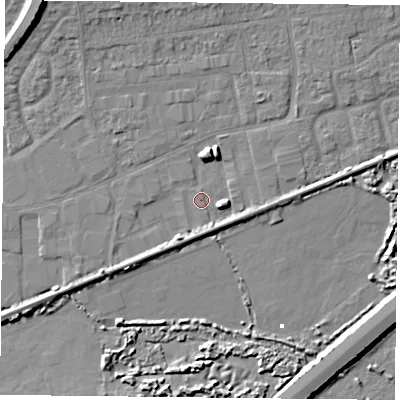 Shaded relief map of the ground around PO61RN, computed from Environment Agency LiDAR. The ground here sits at about 2 m above sea level and falls 11 m across the surrounding 800 m. Surface water reaching this point runs off ground lying to the east-south-east, 4.4 m higher.
