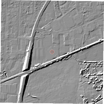 Shaded relief map of the ground around PO61RR, computed from Environment Agency LiDAR. The ground here sits at about 2 m above sea level and falls 13 m across the surrounding 800 m. Surface water reaching this point runs off ground lying to the south-west, 3.7 m higher.