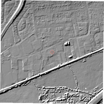 Shaded relief map of the ground around PO61RS, computed from Environment Agency LiDAR. The ground here sits at about 2 m above sea level and falls 11 m across the surrounding 800 m. Surface water reaching this point runs off ground lying to the east-north-east, 4.7 m higher.