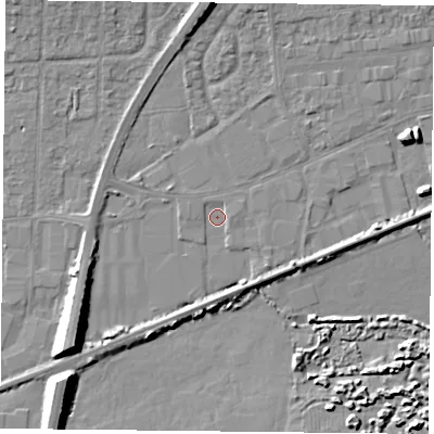 Shaded relief map of the ground around PO61RT, computed from Environment Agency LiDAR. The ground here sits at about 1 m above sea level and falls 10 m across the surrounding 800 m. Surface water reaching this point runs off ground lying to the south-west, 9.5 m higher.