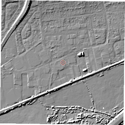 Shaded relief map of the ground around PO61RU, computed from Environment Agency LiDAR. The ground here sits at about 2 m above sea level and falls 11 m across the surrounding 800 m. Surface water reaching this point runs off ground lying to the north, 5.2 m higher.