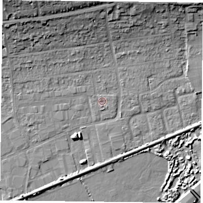 Shaded relief map of the ground around PO61RW, computed from Environment Agency LiDAR. The ground here sits at about 2 m above sea level and falls 18 m across the surrounding 800 m. Surface water reaching this point runs off ground lying to the south, 0.8 m higher.