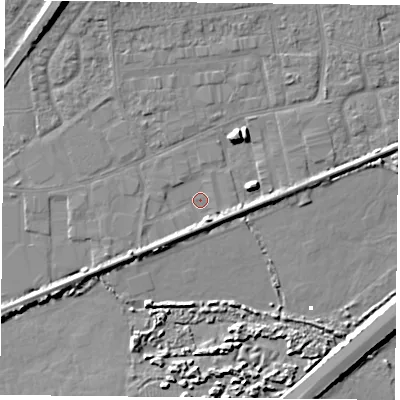 Shaded relief map of the ground around PO61RX, computed from Environment Agency LiDAR. The ground here sits at about 1 m above sea level and falls 9 m across the surrounding 800 m. Surface water reaching this point runs off ground lying to the east-north-east, 4.4 m higher.