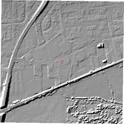 Shaded relief map of the ground around PO61RY, computed from Environment Agency LiDAR. The ground here sits at about 2 m above sea level and falls 10 m across the surrounding 800 m. Surface water reaching this point runs off ground lying to the east-north-east, 4.7 m higher.