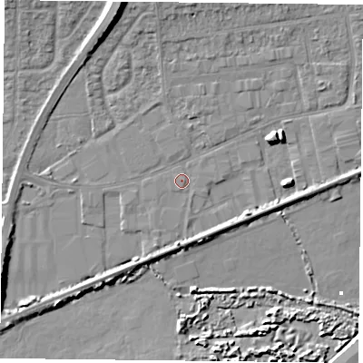 Shaded relief map of the ground around PO61SB, computed from Environment Agency LiDAR. The ground here sits at about 2 m above sea level and falls 10 m across the surrounding 800 m. Surface water reaching this point runs off ground lying to the south-south-west, 3.2 m higher.