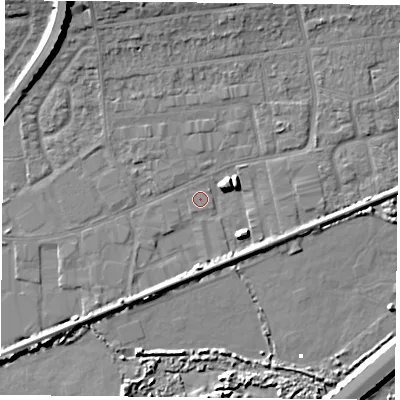 Shaded relief map of the ground around PO61SH, computed from Environment Agency LiDAR. The ground here sits at about 2 m above sea level and falls 12 m across the surrounding 800 m. Surface water reaching this point runs off ground lying to the east-north-east, 4.7 m higher.