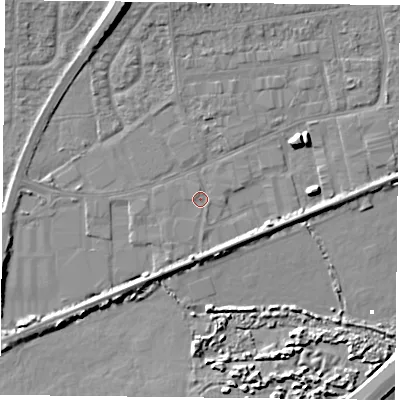 Shaded relief map of the ground around PO61SS, computed from Environment Agency LiDAR. The ground here sits at about 2 m above sea level and falls 9 m across the surrounding 800 m. Surface water reaching this point runs off ground lying to the east-north-east, 4.7 m higher.