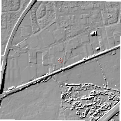 Shaded relief map of the ground around PO61ST, computed from Environment Agency LiDAR. The ground here sits at about 2 m above sea level and falls 9 m across the surrounding 800 m. Surface water reaching this point runs off ground lying to the north-east, 4.7 m higher.