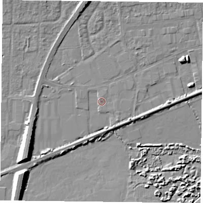 Shaded relief map of the ground around PO61SU, computed from Environment Agency LiDAR. The ground here sits at about 2 m above sea level and falls 10 m across the surrounding 800 m. Surface water reaching this point runs off ground lying to the south-west, 3.7 m higher.
