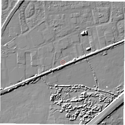 Shaded relief map of the ground around PO61TL, computed from Environment Agency LiDAR. The ground here sits at about 1 m above sea level and falls 6 m across the surrounding 800 m. Surface water reaching this point runs off ground lying to the east-north-east, 4.4 m higher.