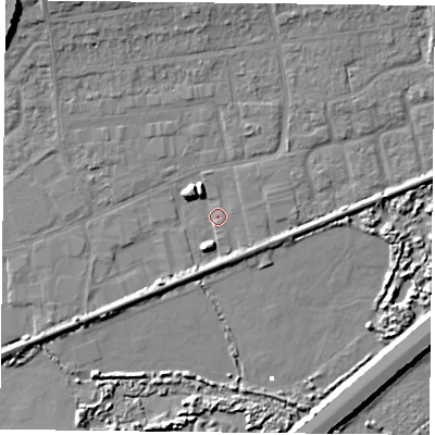 Shaded relief map of the ground around PO61TX, computed from Environment Agency LiDAR. The ground here sits at about 2 m above sea level and falls 12 m across the surrounding 800 m. Surface water reaching this point runs off ground lying to the south-south-west, 4.4 m higher.