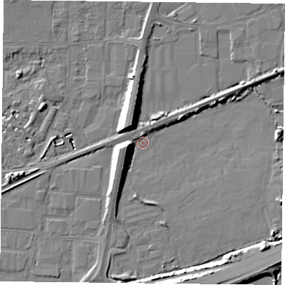 Shaded relief map of the ground around PO61UL, computed from Environment Agency LiDAR. The ground here sits at about 1 m above sea level and falls 13 m across the surrounding 800 m. Surface water reaching this point runs off ground lying to the west-south-west, 9.3 m higher.