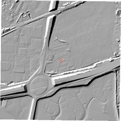 Shaded relief map of the ground around PO61UN, computed from Environment Agency LiDAR. The ground here sits at about 2 m above sea level and falls 15 m across the surrounding 800 m. Surface water reaching this point runs off ground lying to the south, 10.3 m higher.