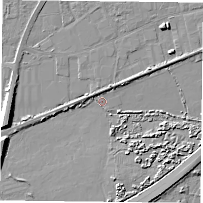Shaded relief map of the ground around PO61UW, computed from Environment Agency LiDAR. The ground here sits at about 1 m above sea level and falls 10 m across the surrounding 800 m. Surface water reaching this point runs off ground lying to the west-south-west, 9.8 m higher.