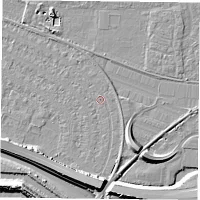 Shaded relief map of the ground around PO62TU, computed from Environment Agency LiDAR. The ground here sits at about 3 m above sea level and falls 13 m across the surrounding 800 m. Surface water reaching this point runs off ground lying to the south, 9.7 m higher.