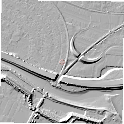 Shaded relief map of the ground around PO62TW, computed from Environment Agency LiDAR. The ground here sits at about 3 m above sea level and falls 13 m across the surrounding 800 m. Surface water reaching this point runs off ground lying to the east, 1.6 m higher.
