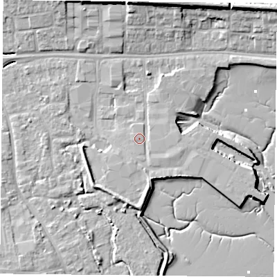 Shaded relief map of the ground around PO64PU, computed from Environment Agency LiDAR. The ground here sits at about 3 m above sea level and falls 12 m across the surrounding 800 m. Surface water reaching this point runs off ground lying to the south-south-west, 3.0 m higher.
